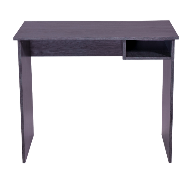 Modern student desk with storage featuring a minimalist design and open shelf compartment