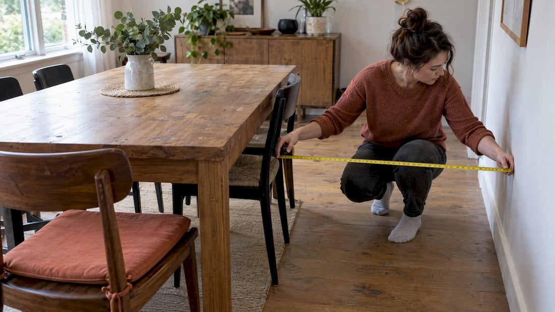 Homeowner measuring space beside dining table