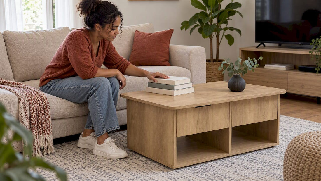 Homeowner testing coffee table height with books