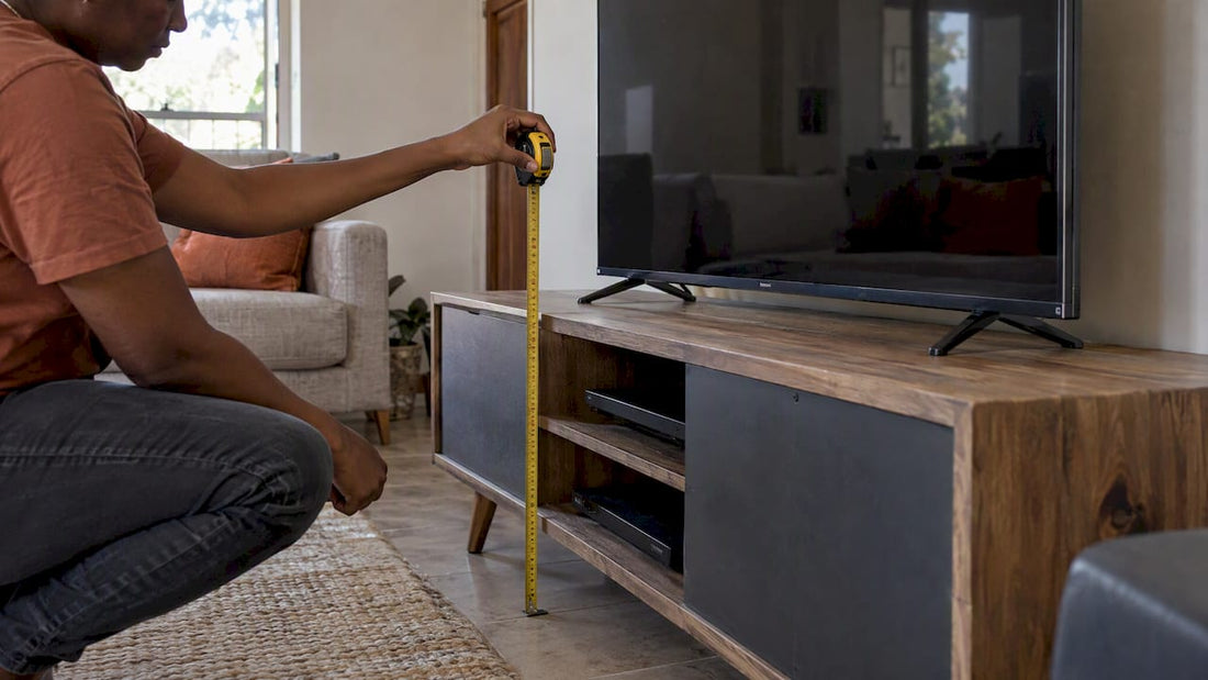 Television and stand measured in a living room