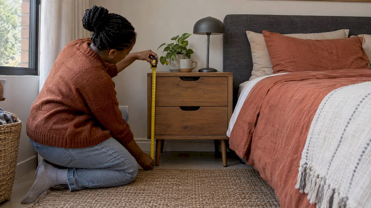 Measuring a bedside table beside a bed