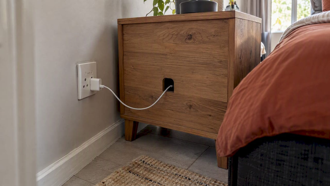 Nightstand cable routed through rear pass-through