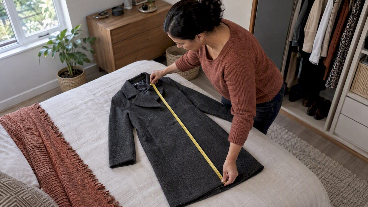 Woman measuring a coat laid across a bed