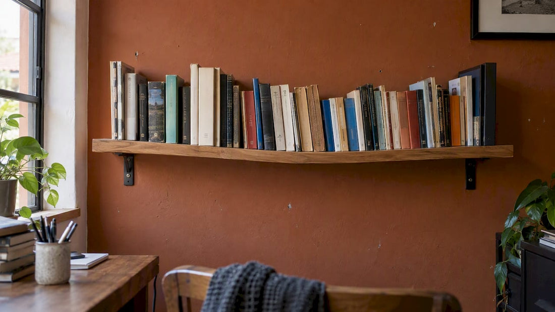 Books rest on a visibly bowed floating shelf