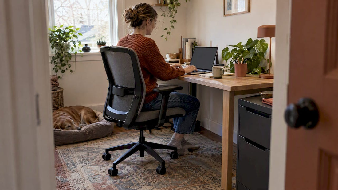 Compact desk and adjustable chair in a home office