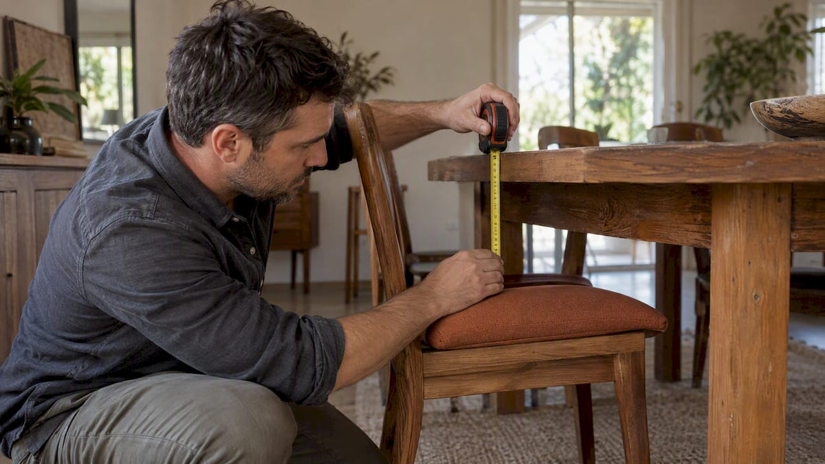 Homeowner measuring space between chair and table