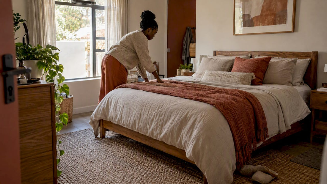 Warm modern bedroom with textured neutral bedding