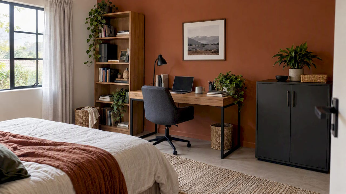 Spare bedroom office with practical storage furniture