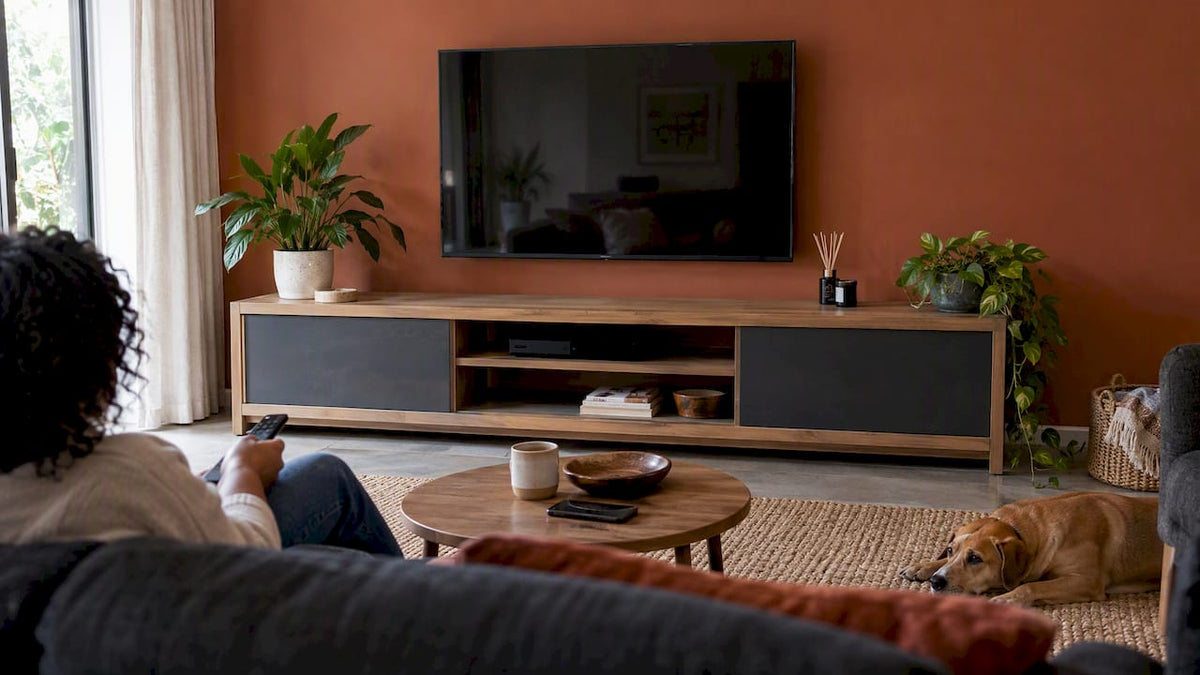 TV unit anchoring a warm South African lounge