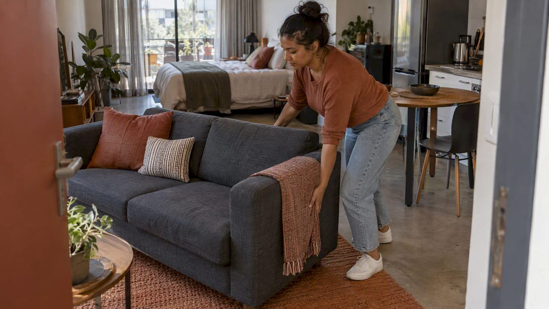 Woman arranging furniture in a studio apartment