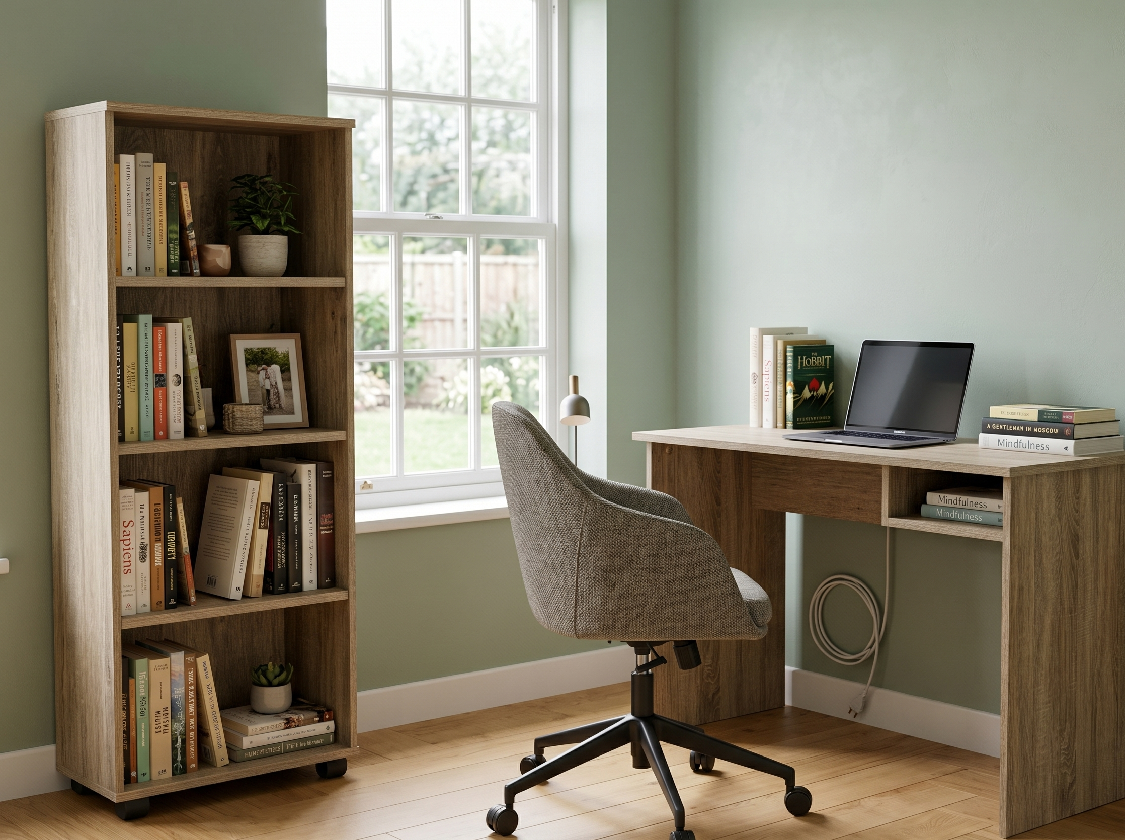a room with bookshelf and office desk
