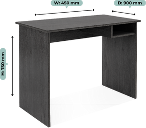 Modern student desk with storage featuring a minimalist design and open shelf compartment